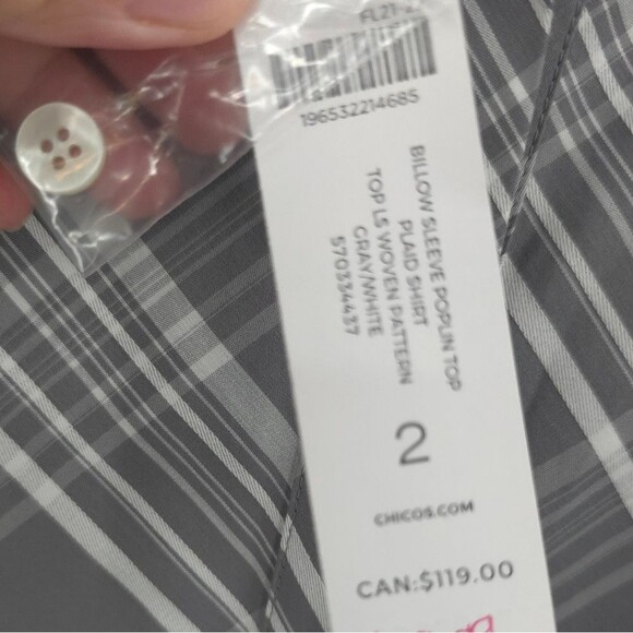 Chicos Plaid Poplin Button Down Top Womens 12 Billow Sleeves Gray Career Office - Picture 10 of 13